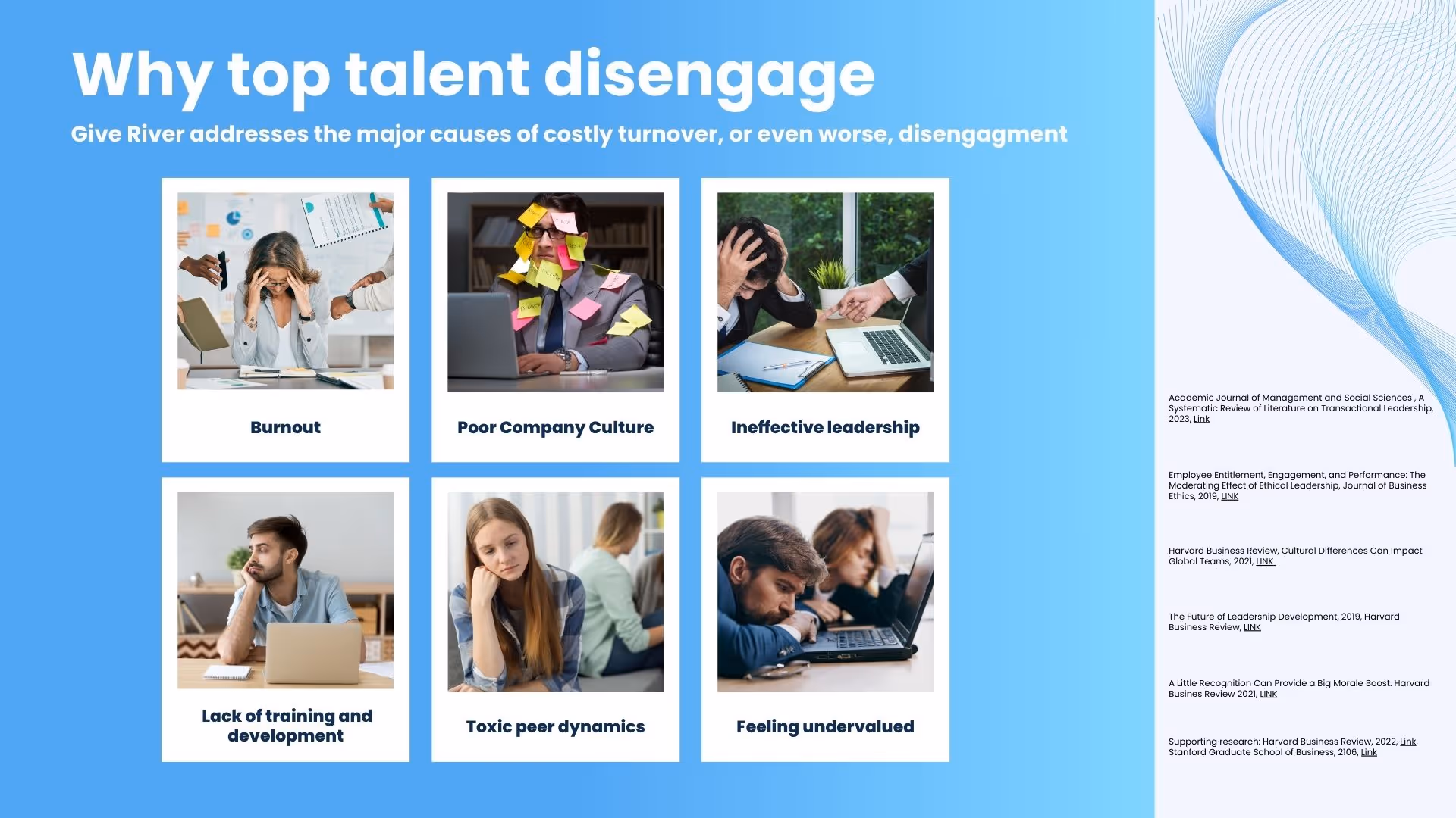 Why top talent disengage — Give River platform overview, slide 2 of 21
