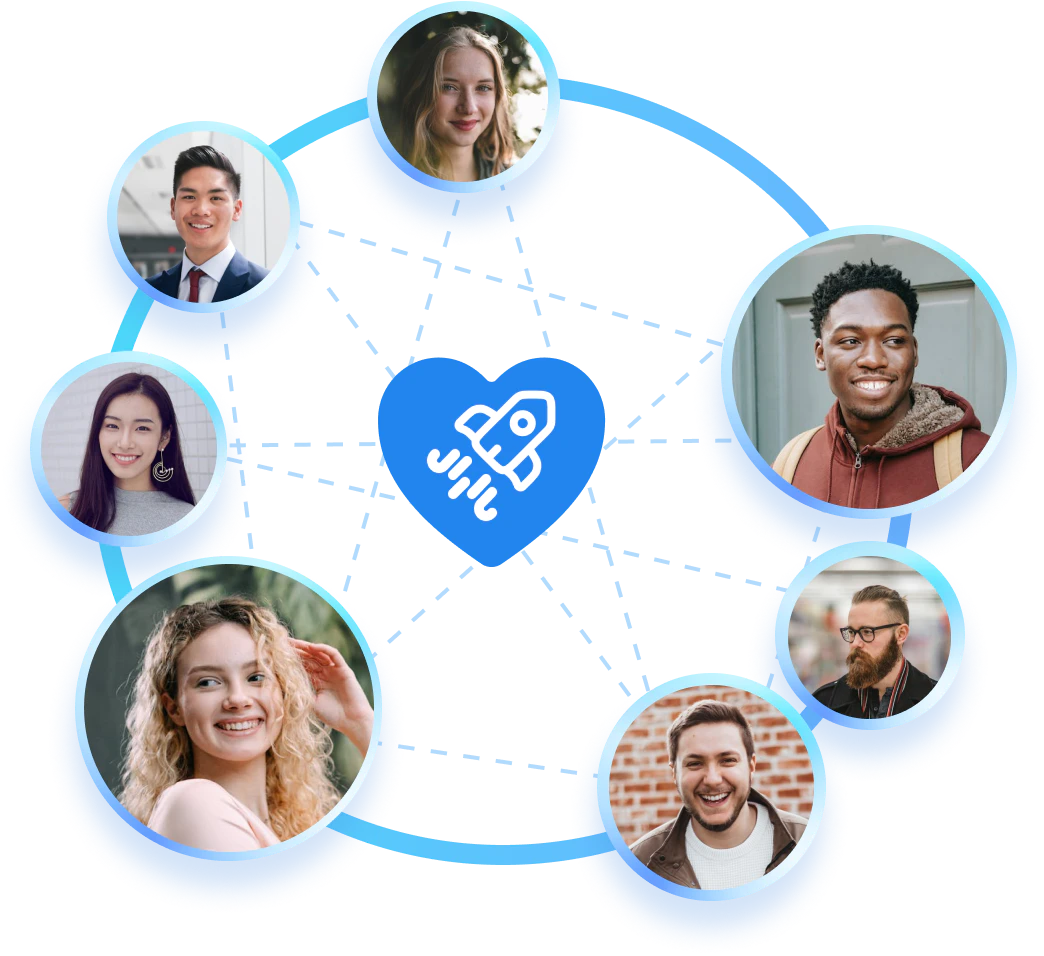 Young employees connecting with heart and performance rockets