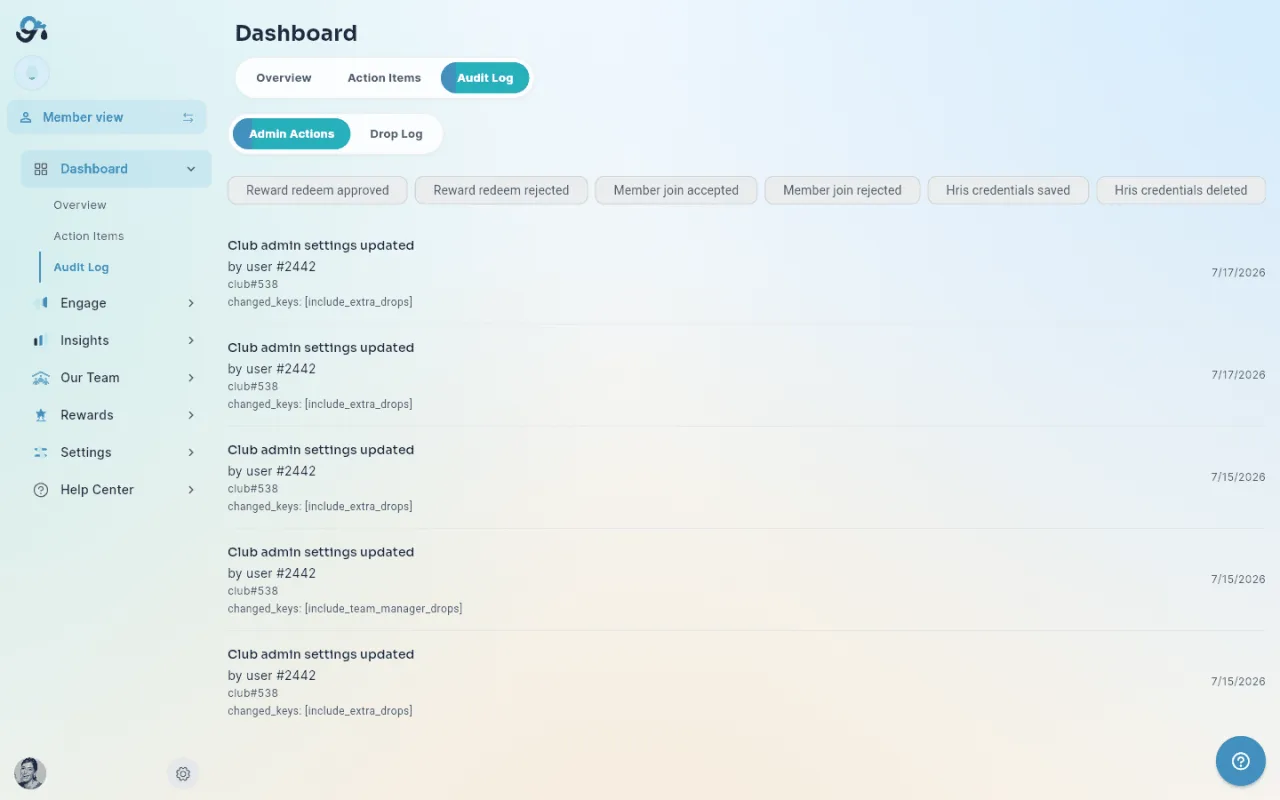 The Audit Log's Admin Actions tab, with event-type filter chips and a reverse-chronological list of entries.
