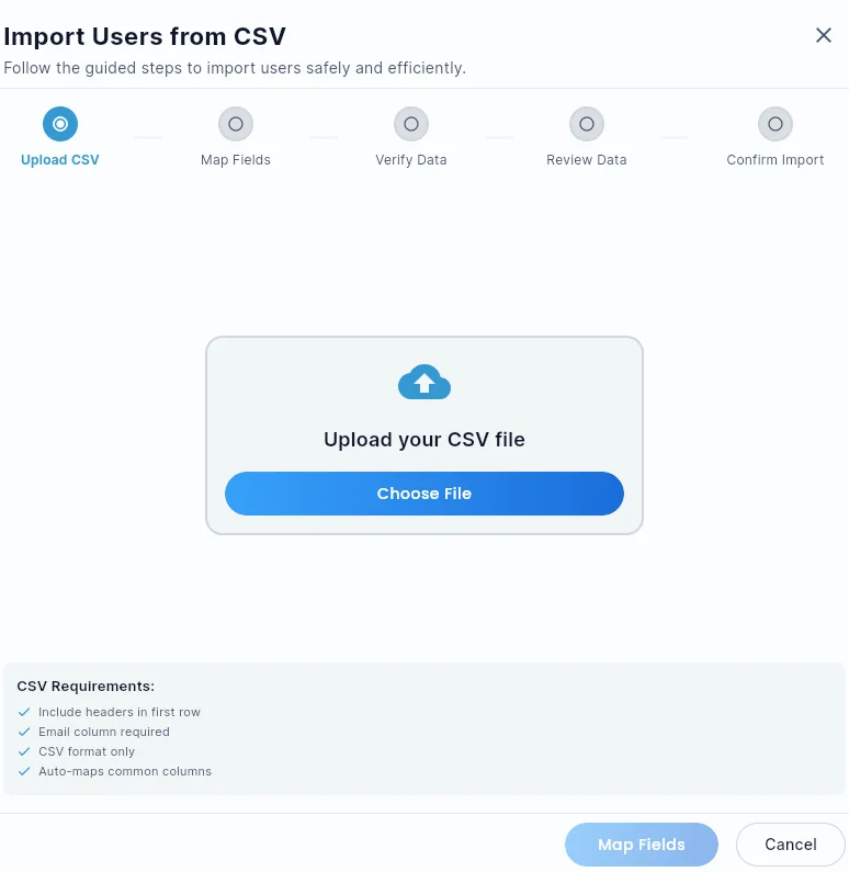 The Import Users from CSV wizard on Step 1, with the 5-step progress indicator, the upload prompt, and the CSV Requirements checklist.