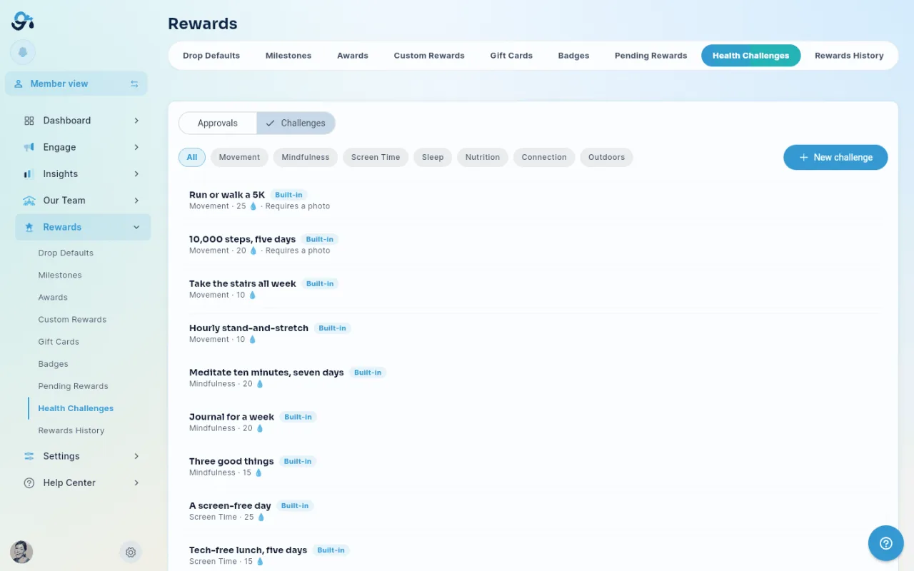 The Challenges catalog, showing built-in challenges with their category, drop value, and the New challenge button.
