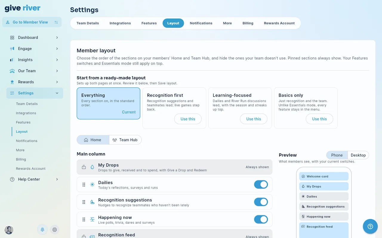 The layout editor: Home's sections with drag handles and switches, and a phone preview of what members see.
