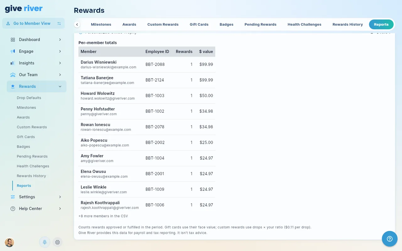 The per-member totals table in the preview: ten members with their email, employee ID, number of rewards and $ value, "+8 more members in the CSV", and the note on how rewards are counted and valued.