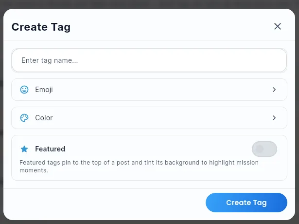 The Create Tag dialog, with the tag name field, Emoji and Color pickers, the Featured toggle, and the Create Tag button.