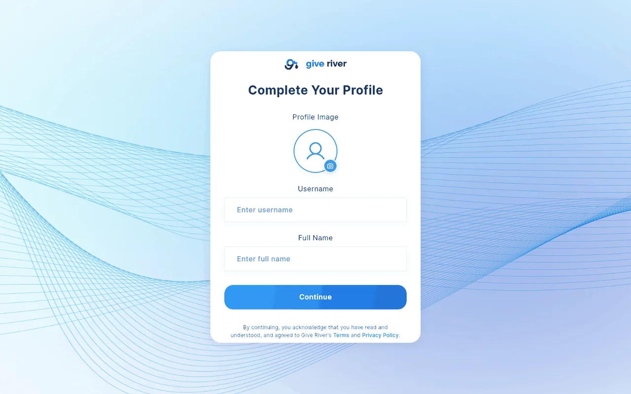 The Complete Your Profile screen, with a profile photo, username and full name.