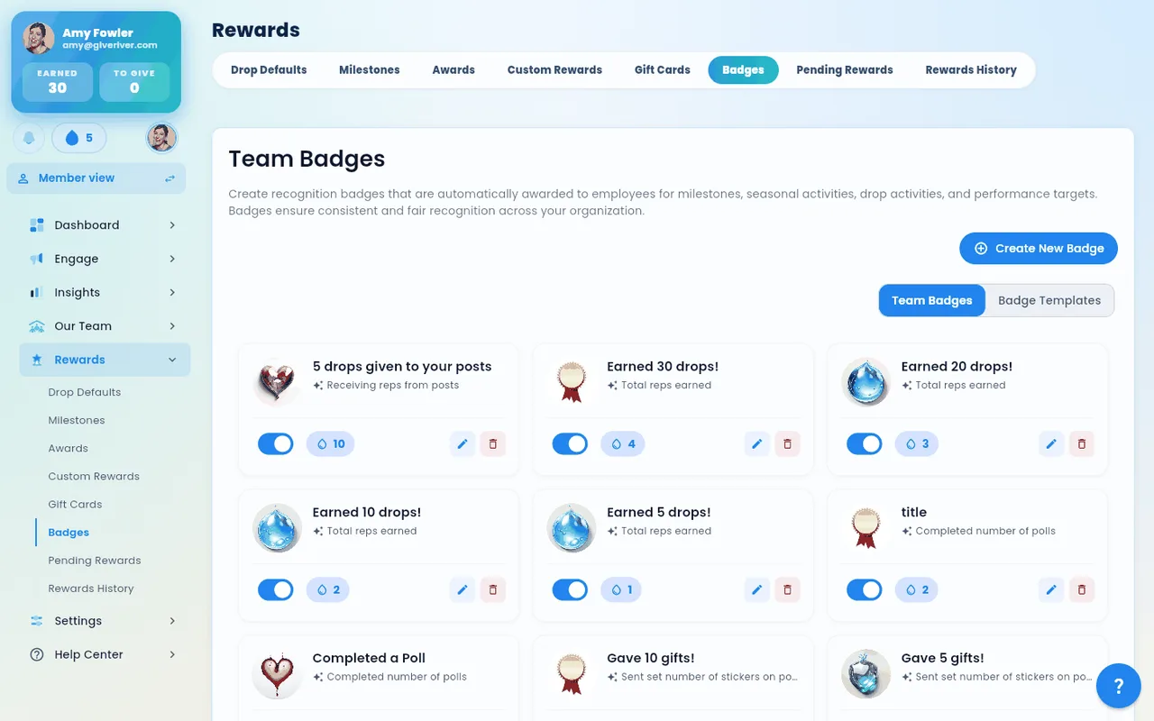 The admin Badges screen listing configured badges and their triggers.