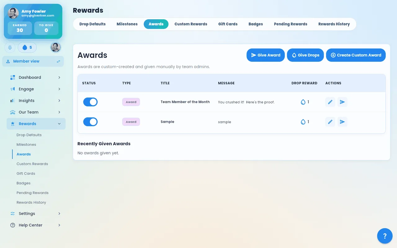 The admin Awards screen, used to create one-off custom awards.