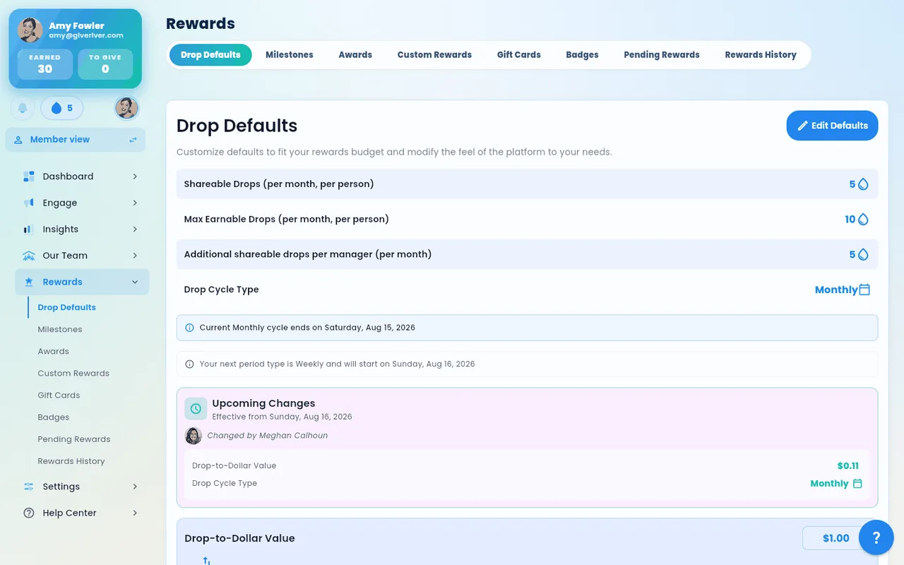 The admin Drop defaults screen, where allocation amount and cycle are configured.