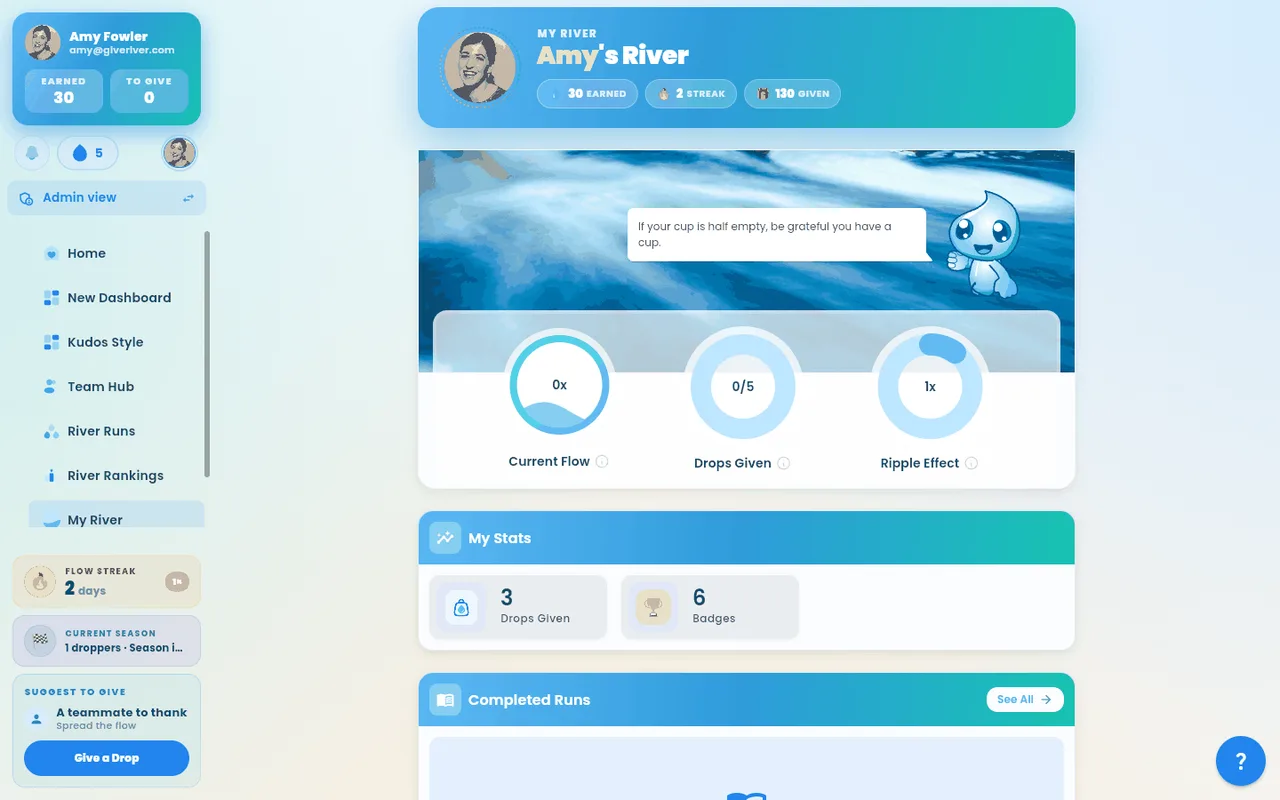 The My River dashboard showing earned and shareable drop balances.