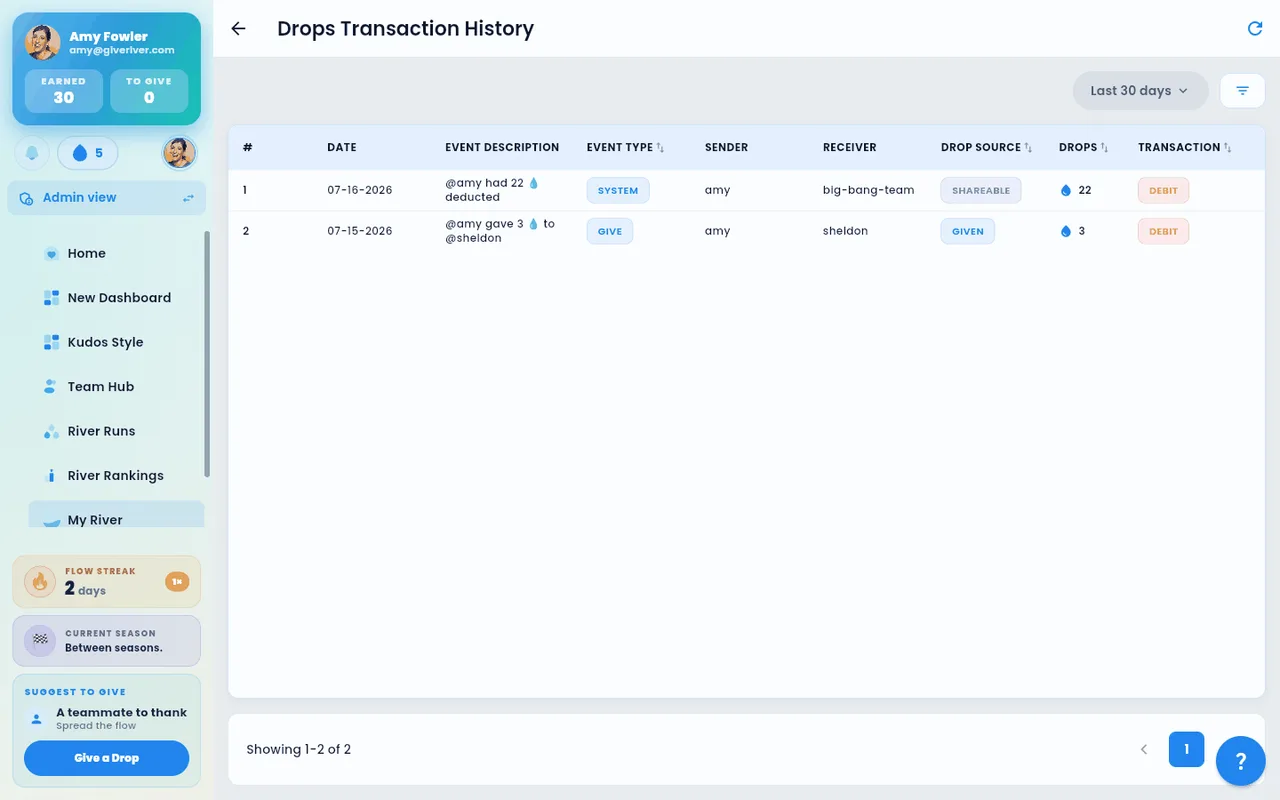 The drop transaction history list, with each entry showing its source and amount.
