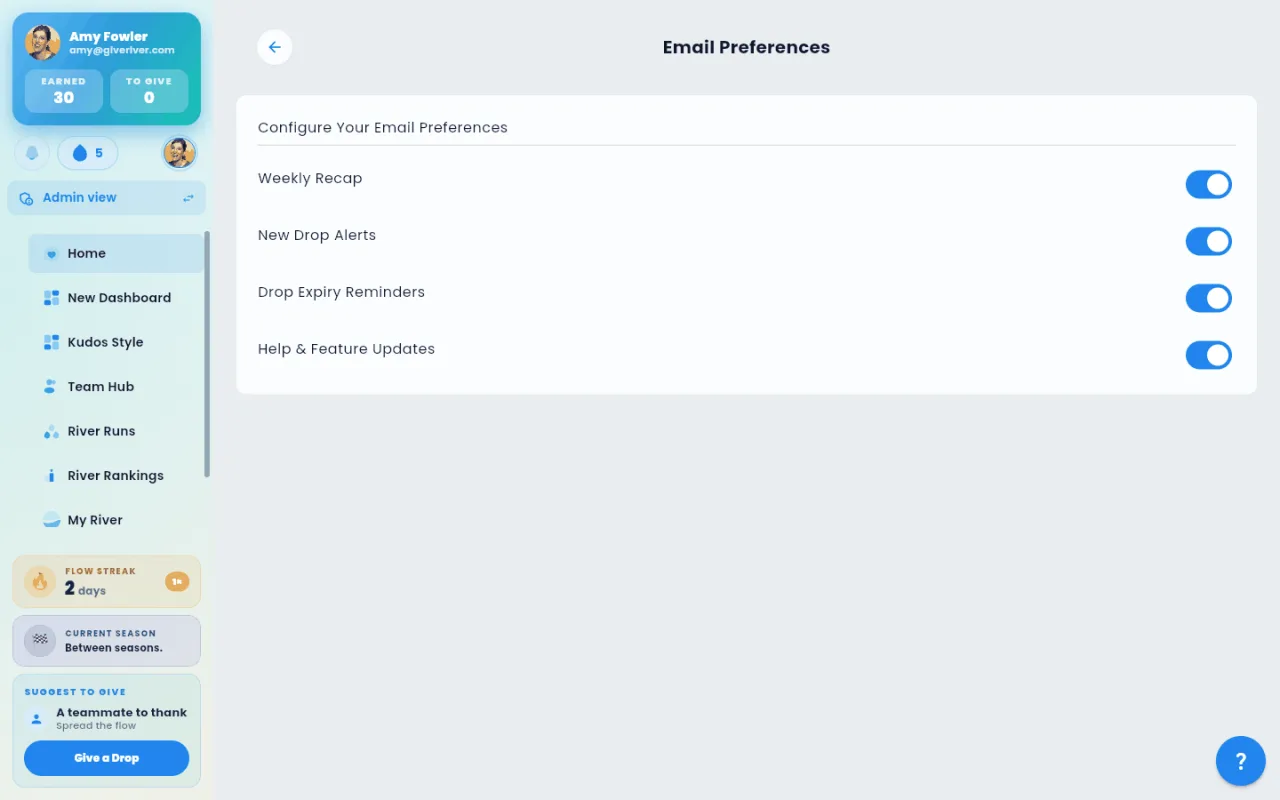 The Email Preferences screen, with a toggle for each email type.