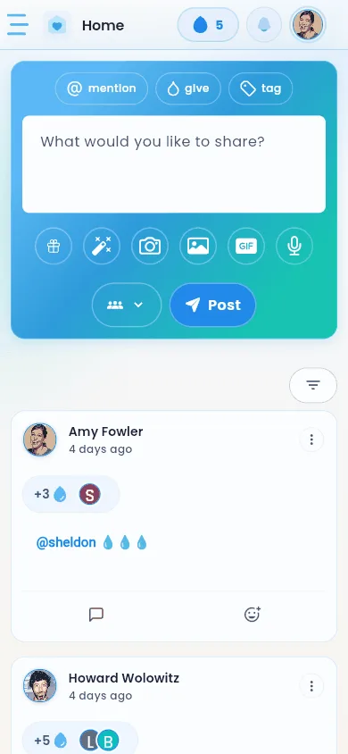 The Give River home feed on a phone, showing recognition posts.