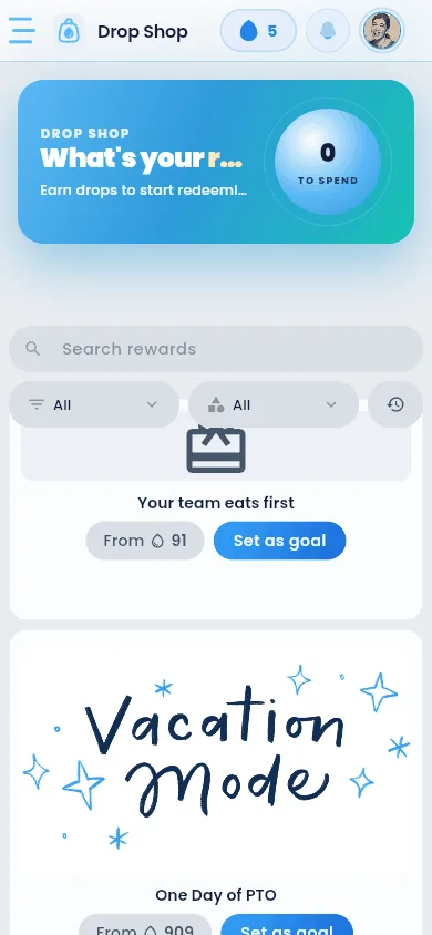 The Drop Shop on a phone, showing reward tiles in a single column.