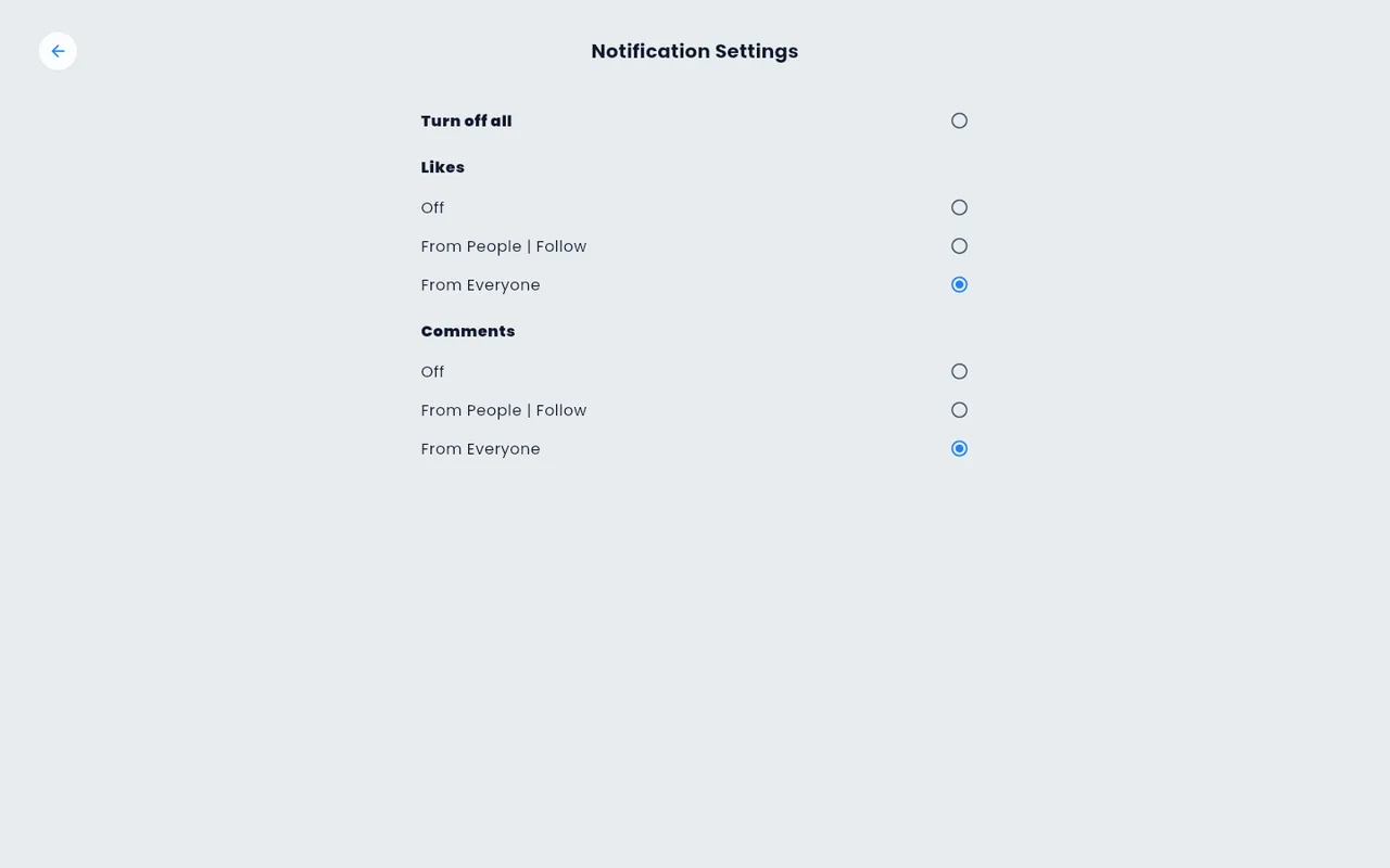 Notification settings with per-type toggles for push alerts.