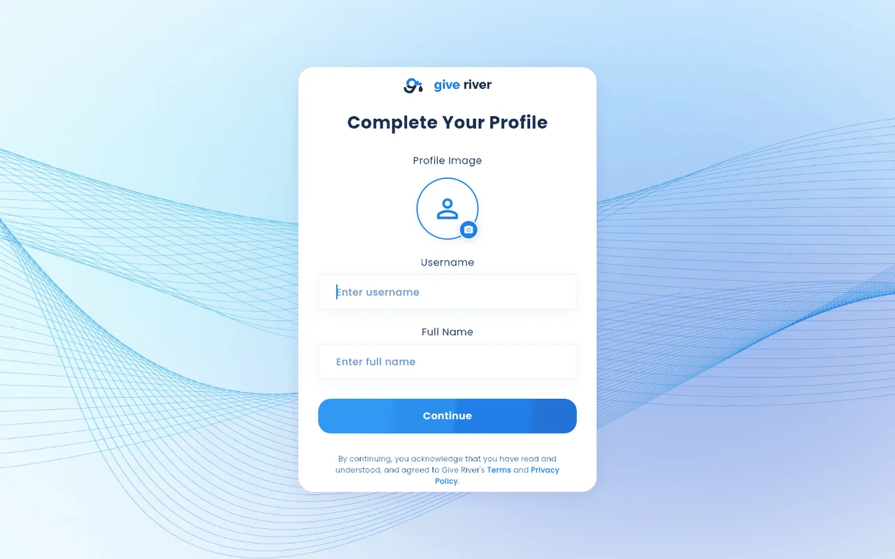 The profile setup step of onboarding, with photo and profile fields.