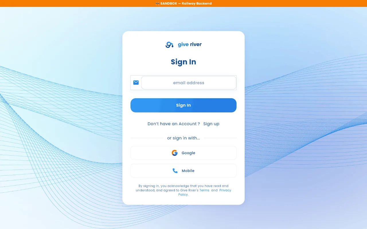 The Give River sign-in screen with the email address field and Continue button.