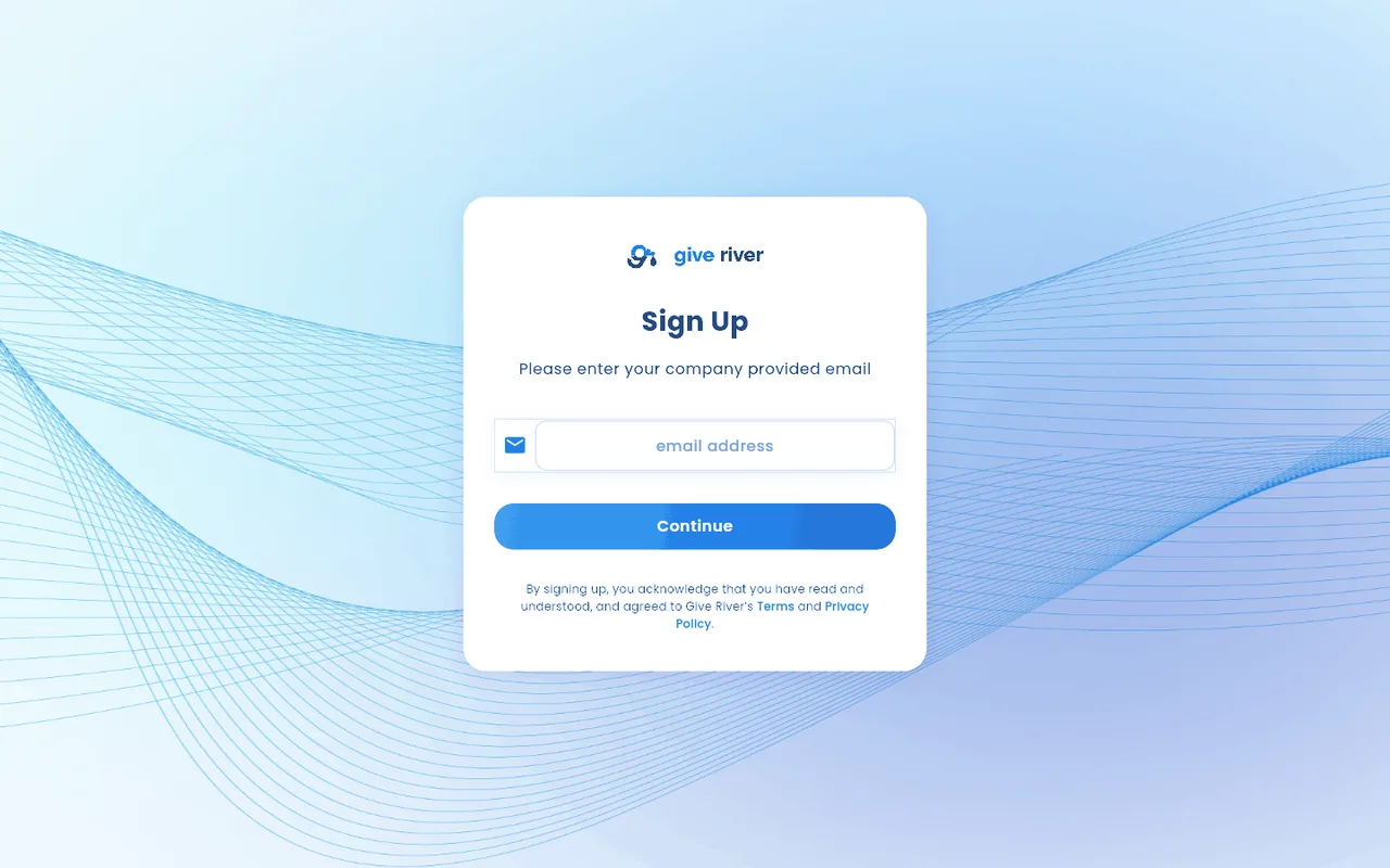 The new-user screen shown when an email address has no Give River account yet.