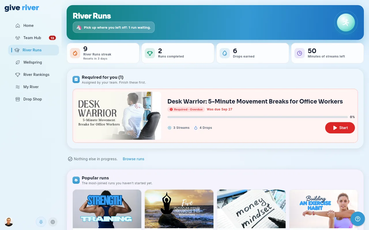River Runs with a red overdue card in Required for you: Desk Warrior, marked Required · Overdue and Was due Sep 27, with a Start button.
