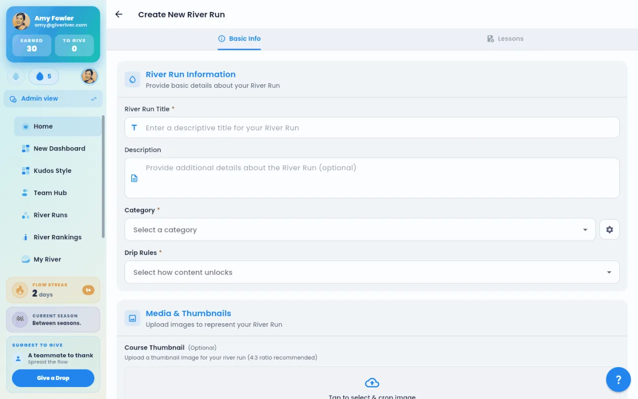 The Create New River Run screen, showing the Basic Info tab with River Run Information and Media & Thumbnails fields.