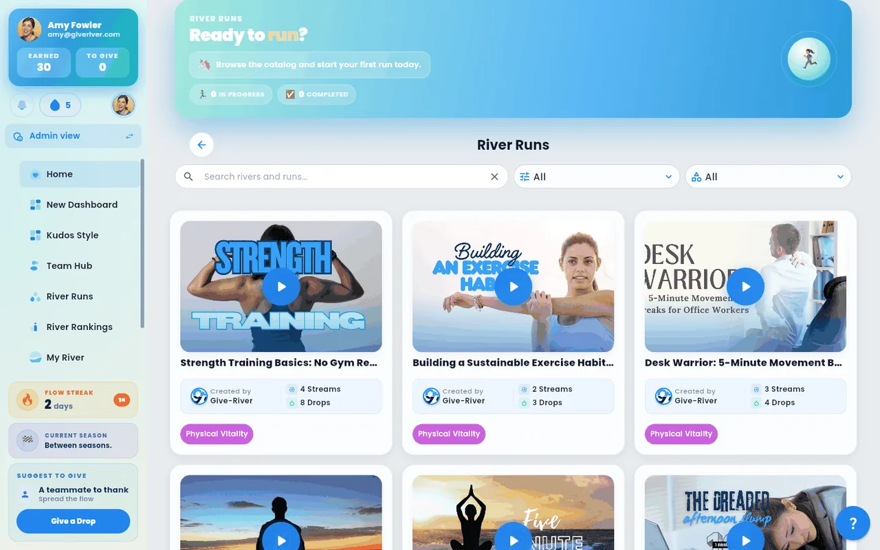 The full River Run library with category filters and course cards.
