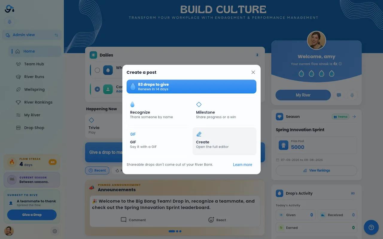 The Create a post modal, opening on the current drop balance and when it renews, above the post-type tiles.