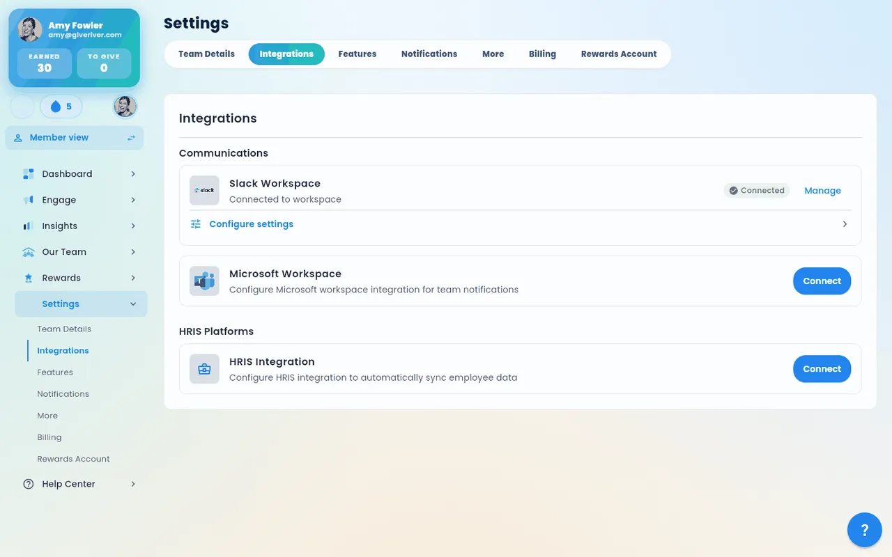 The admin Integrations settings, where Slack and Microsoft Teams are connected.