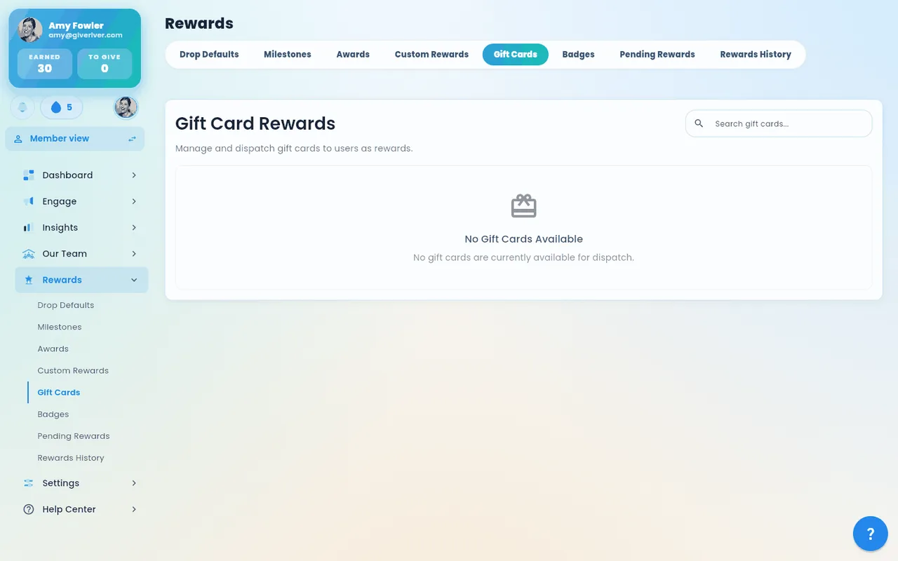 The admin Gift Cards screen, where the Tango integration and card catalog are configured.