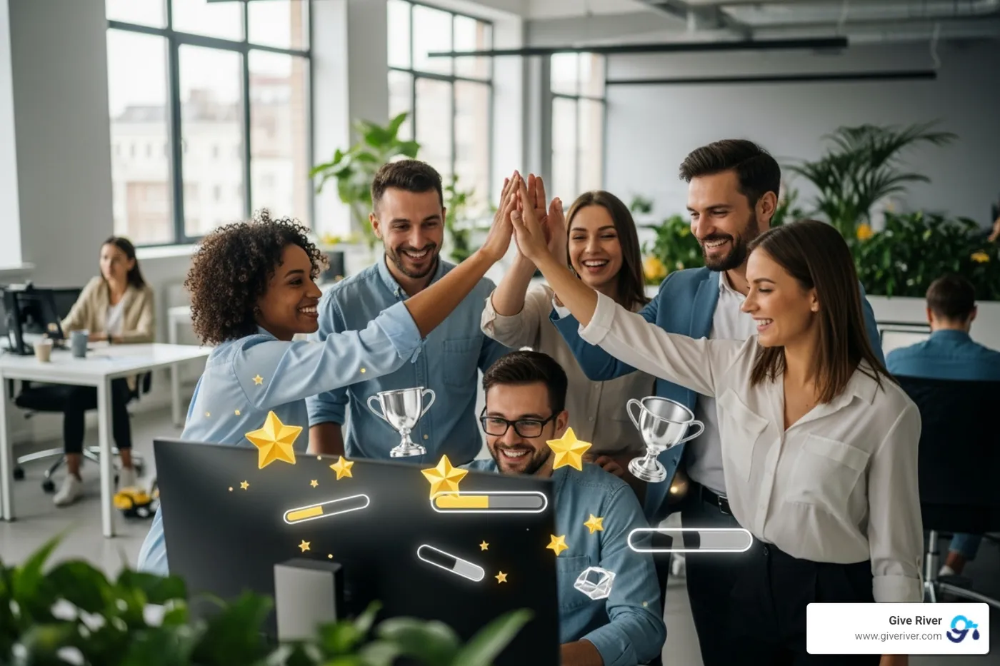 A diverse team of people collaborating and celebrating in an office, with subtle game-like icons (stars, trophies, progress bars) floating around them, symbolizing gamified success and shared achievement - Gamified personal growth