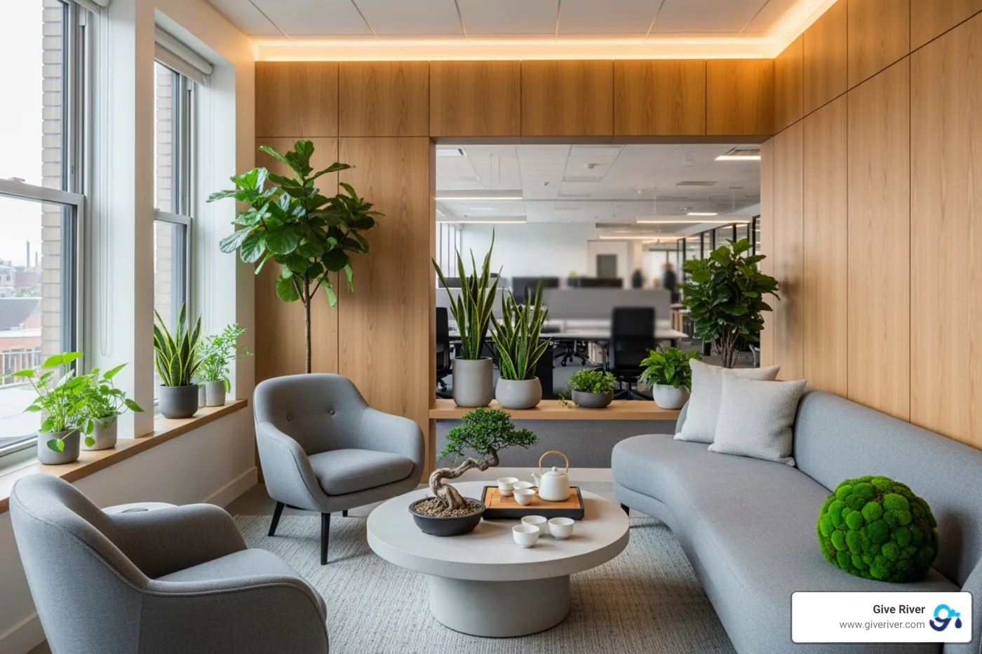 A designated quiet "zen zone" in an office with comfortable seating and plants - workplace wellness program ideas