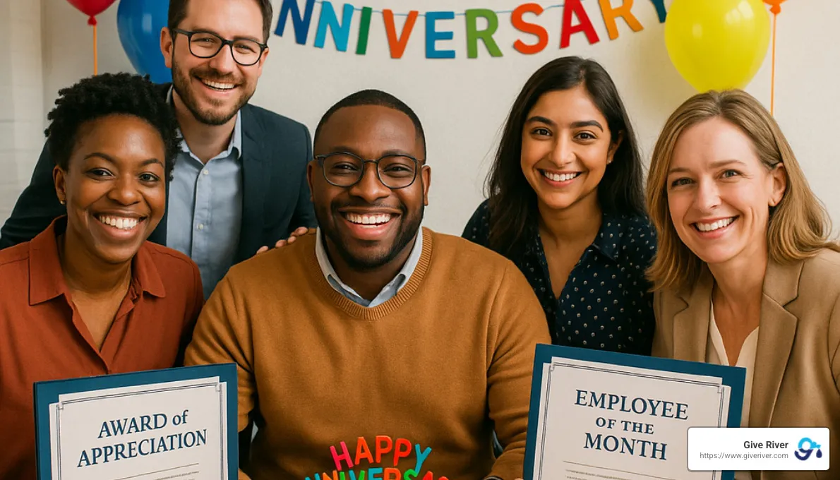 team celebrating work anniversary with cake and awards - work anniversary awards