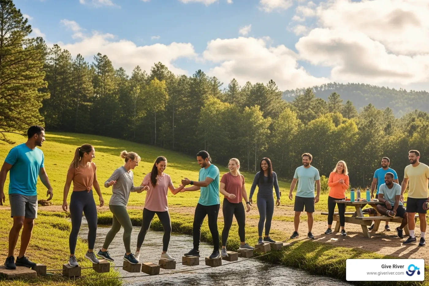 team participating in fun offsite wellness retreat - company incentive ideas for employees