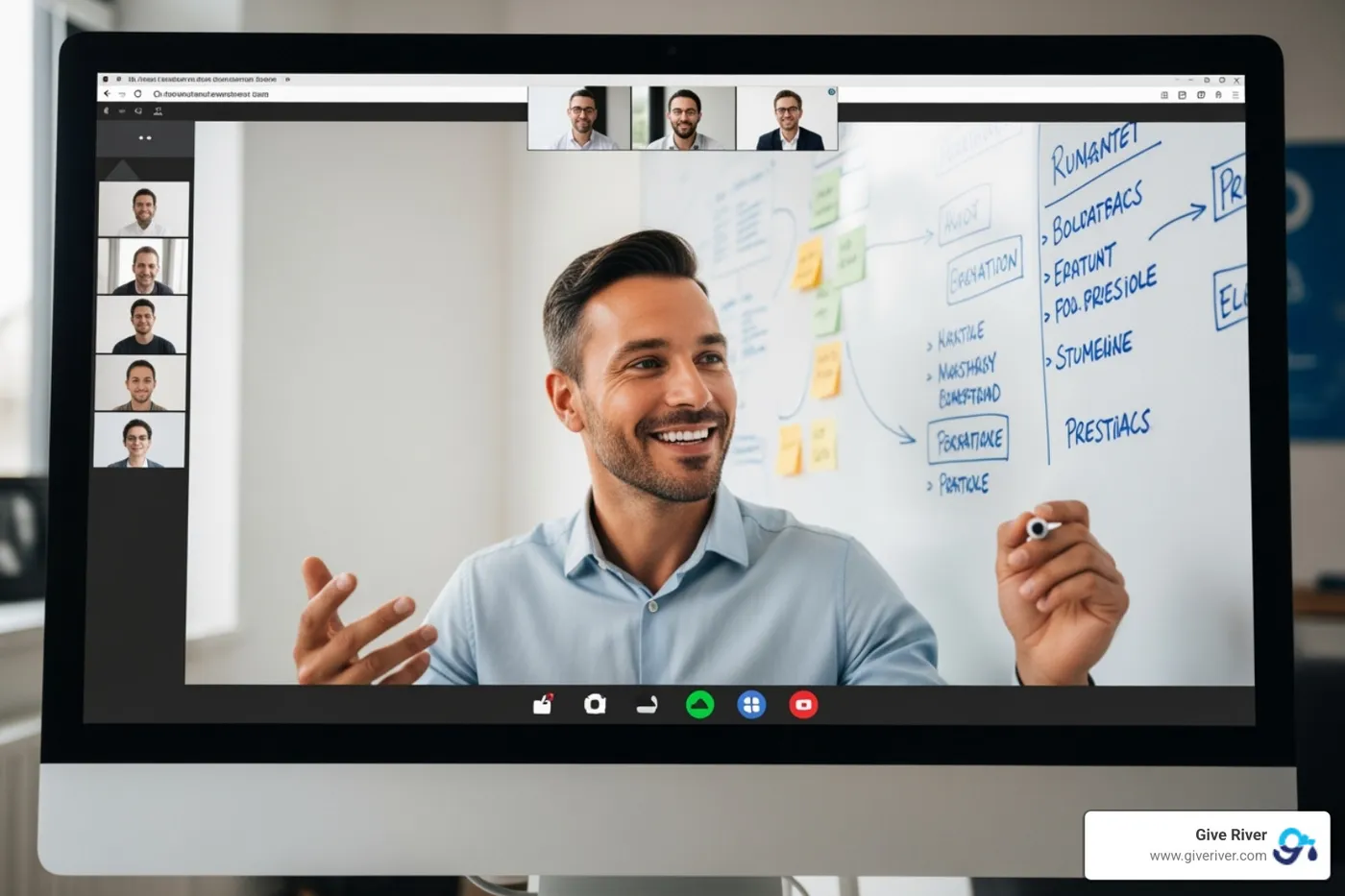 Manager leading an engaging virtual meeting with a whiteboard - virtual community building