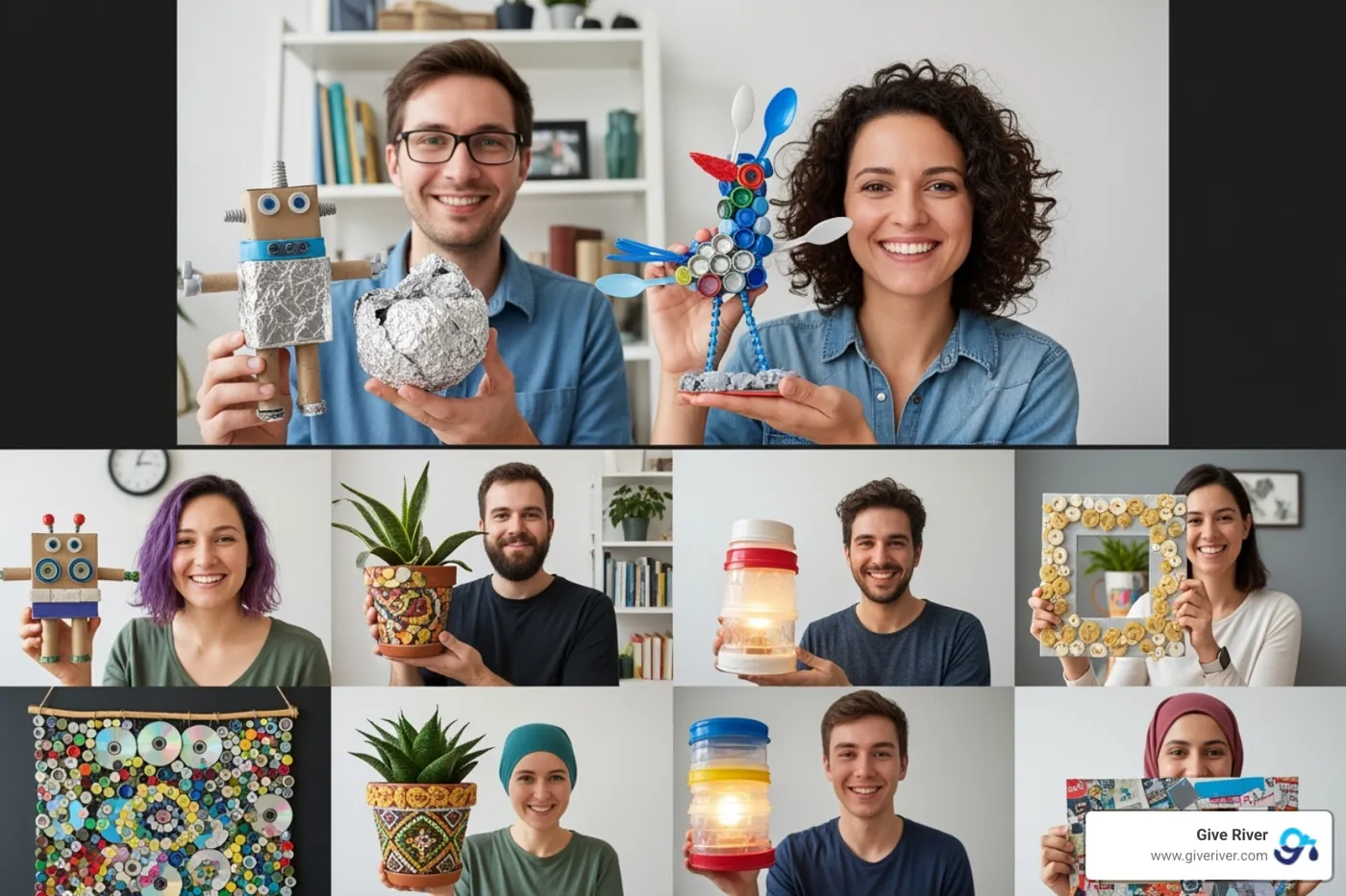 Remote employees showing off their creations from a virtual craft challenge, with various household items repurposed into artistic forms. - team builders for remote workers