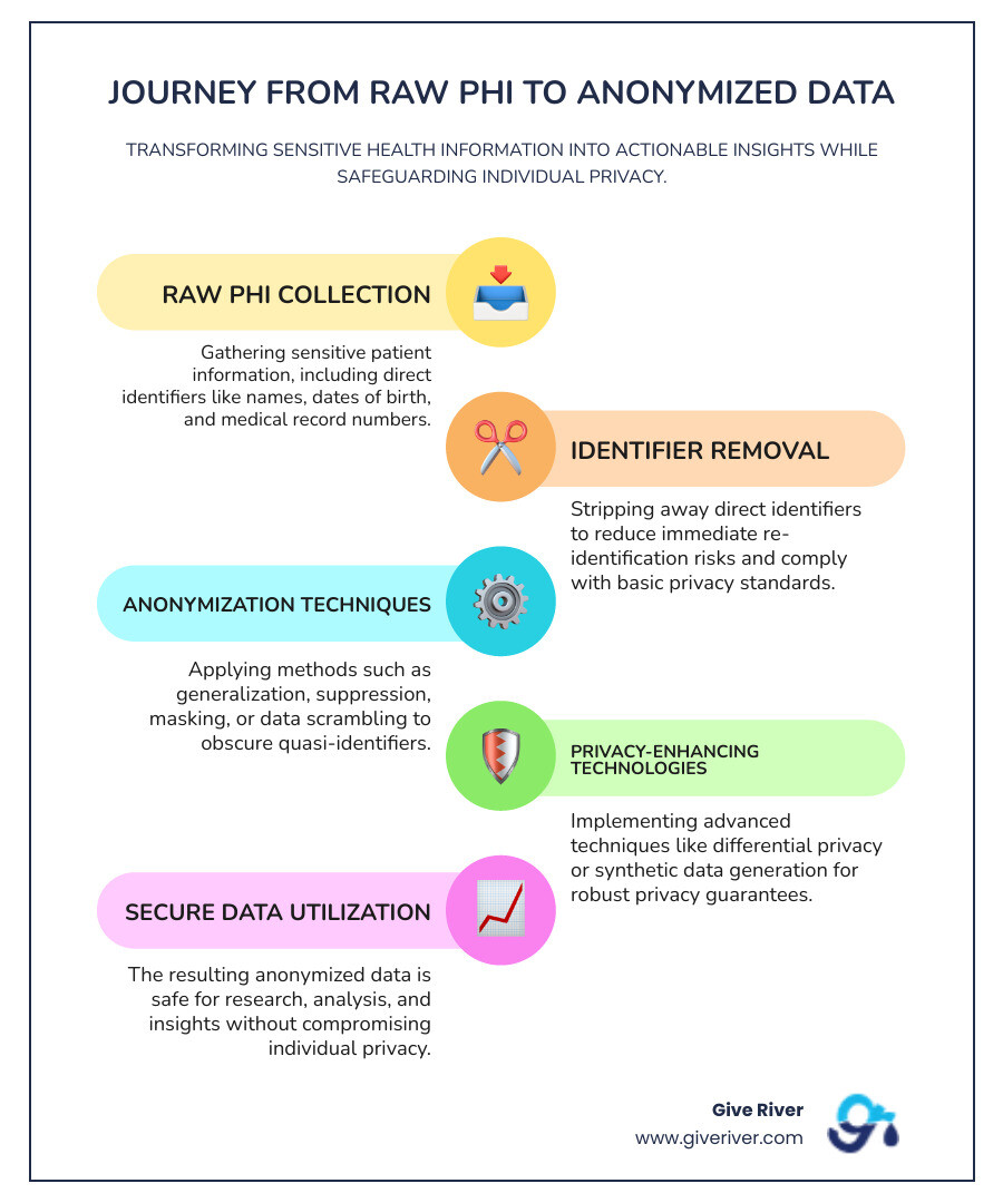 Infographic showing the journey from raw health data to anonymized data - anonymized health data infographic infographic-line-5-steps-colors