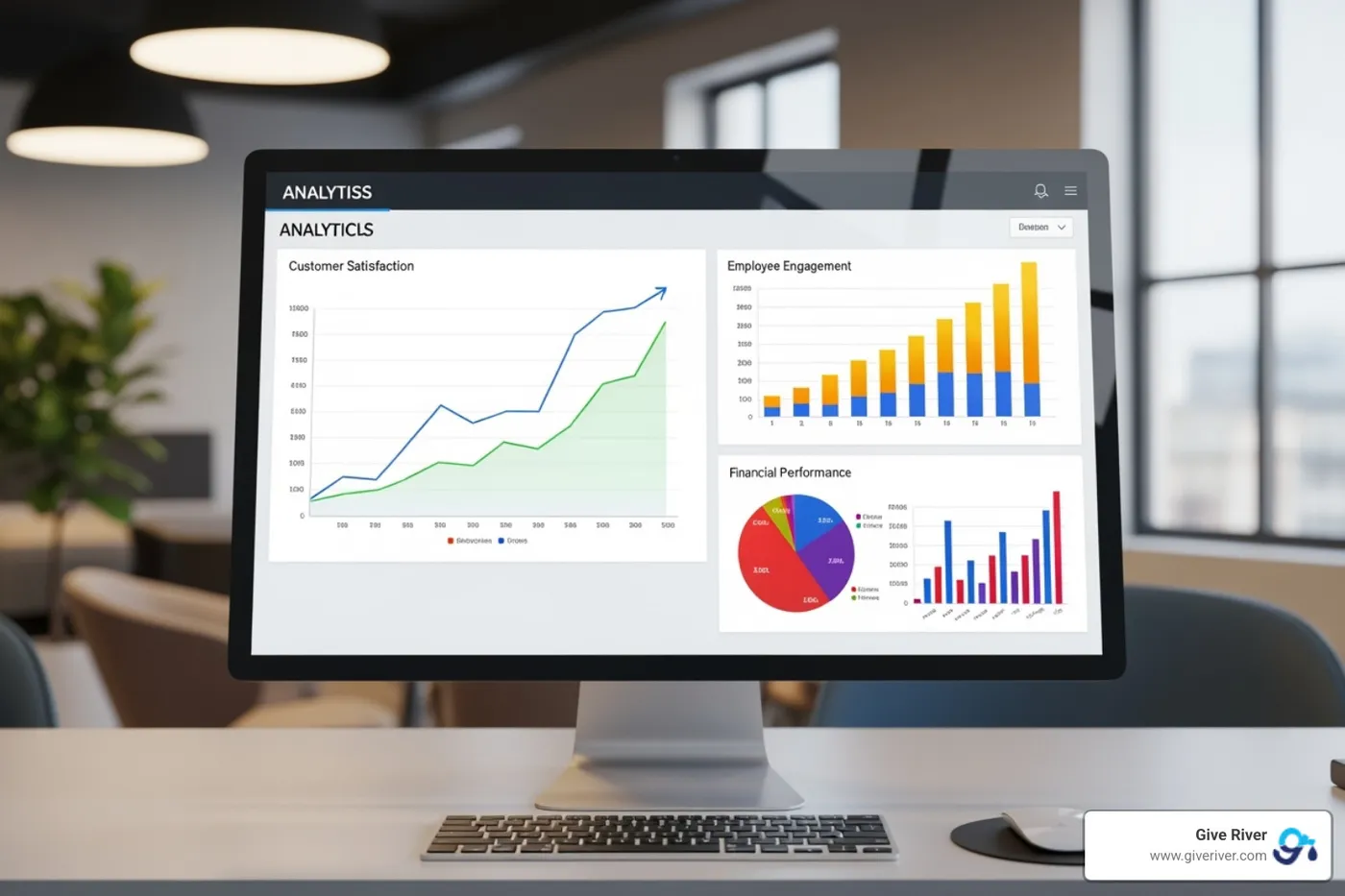 Detailed analytics report showing various graphs and charts, including customer satisfaction trends, employee engagement scores, and financial impact data, all indicating positive growth and return on investment - digital engagement tools