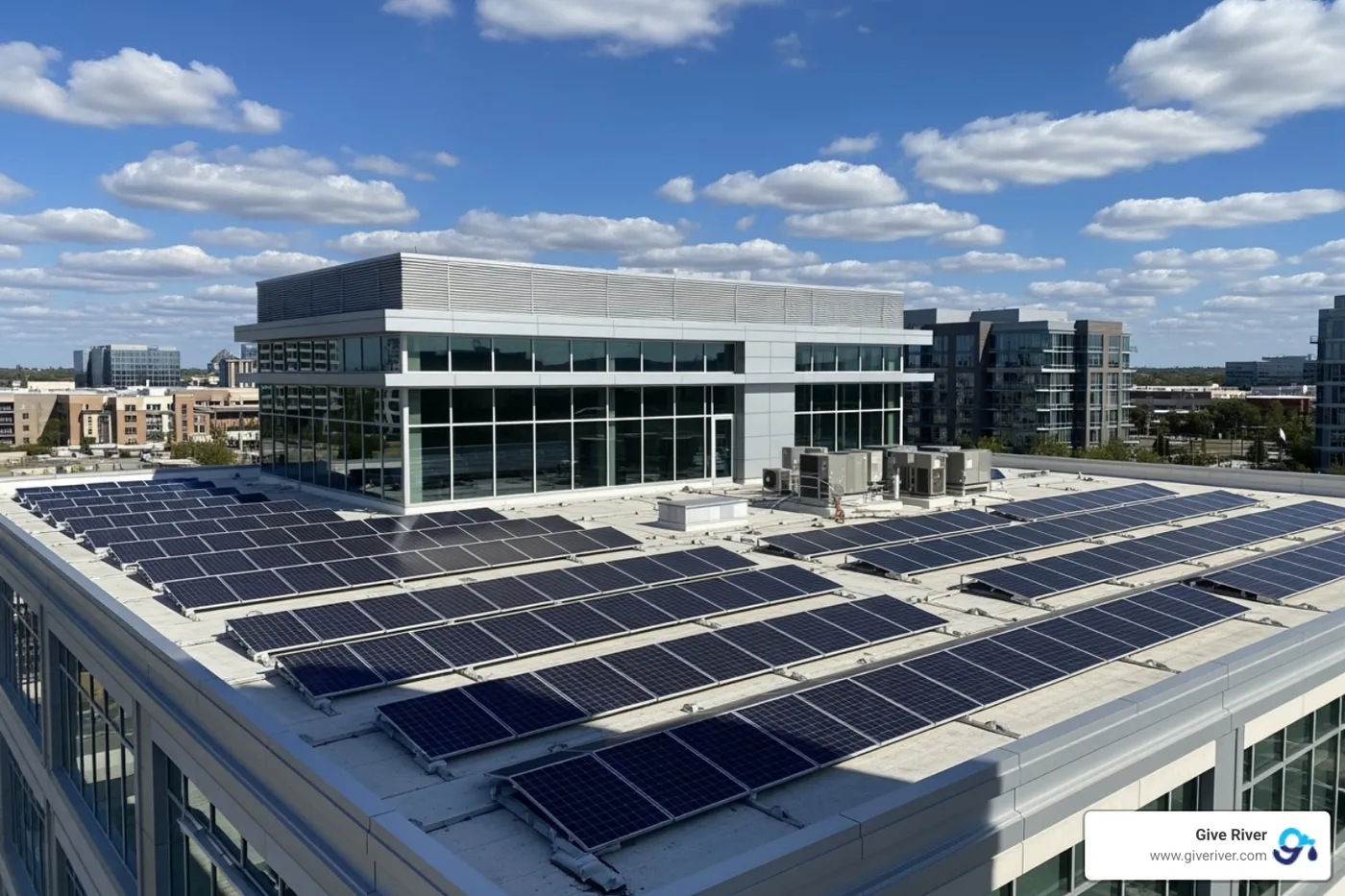 Image of solar panels on a modern office building roof, symbolizing renewable energy adoption and sustainable infrastructure - Sustainable business practices