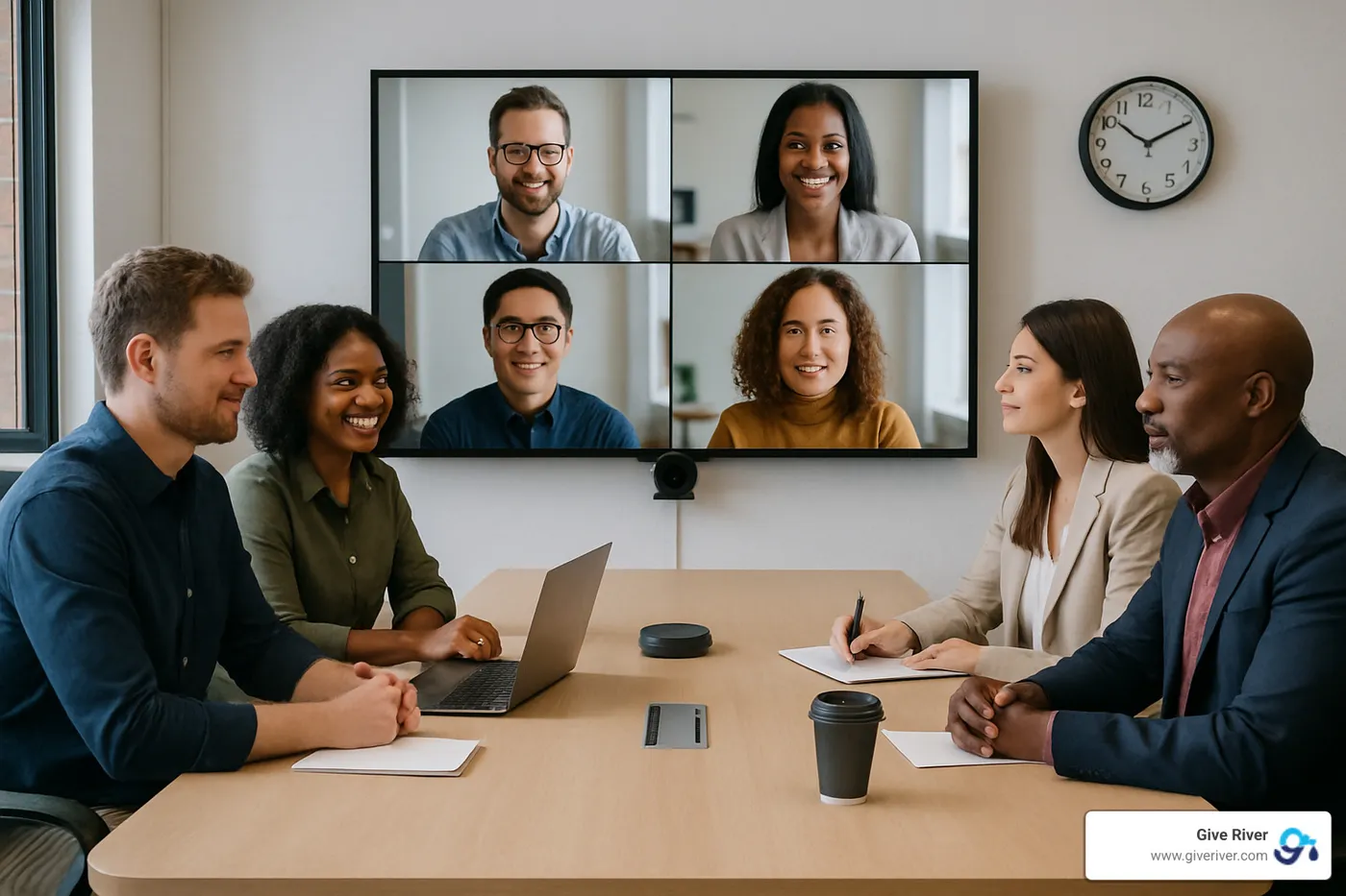 hybrid team meeting with both in-person and remote participants - employee engagement insights