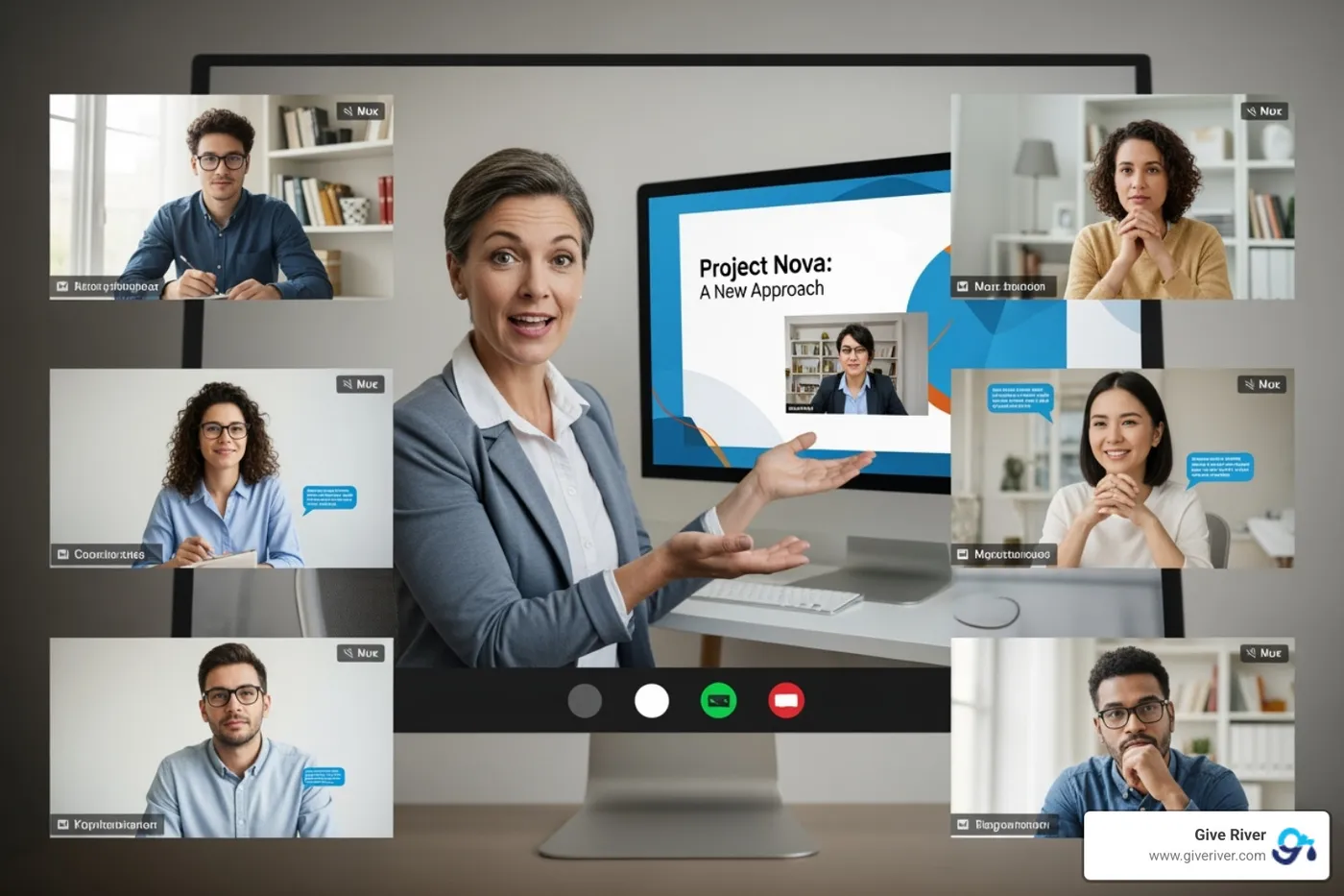 a manager explaining a new program to their team on a video call - free peer-to-peer recognition software