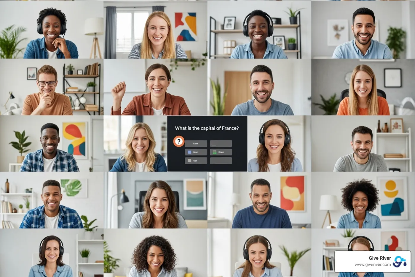 Zoom call grid showing colleagues actively participating in an online trivia game - group interactive games