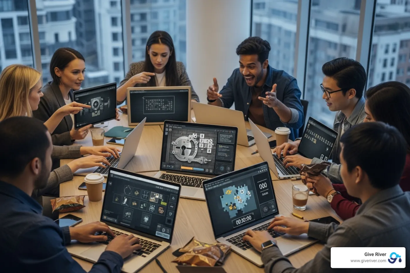 team collaborating in a virtual escape room - Online office party games