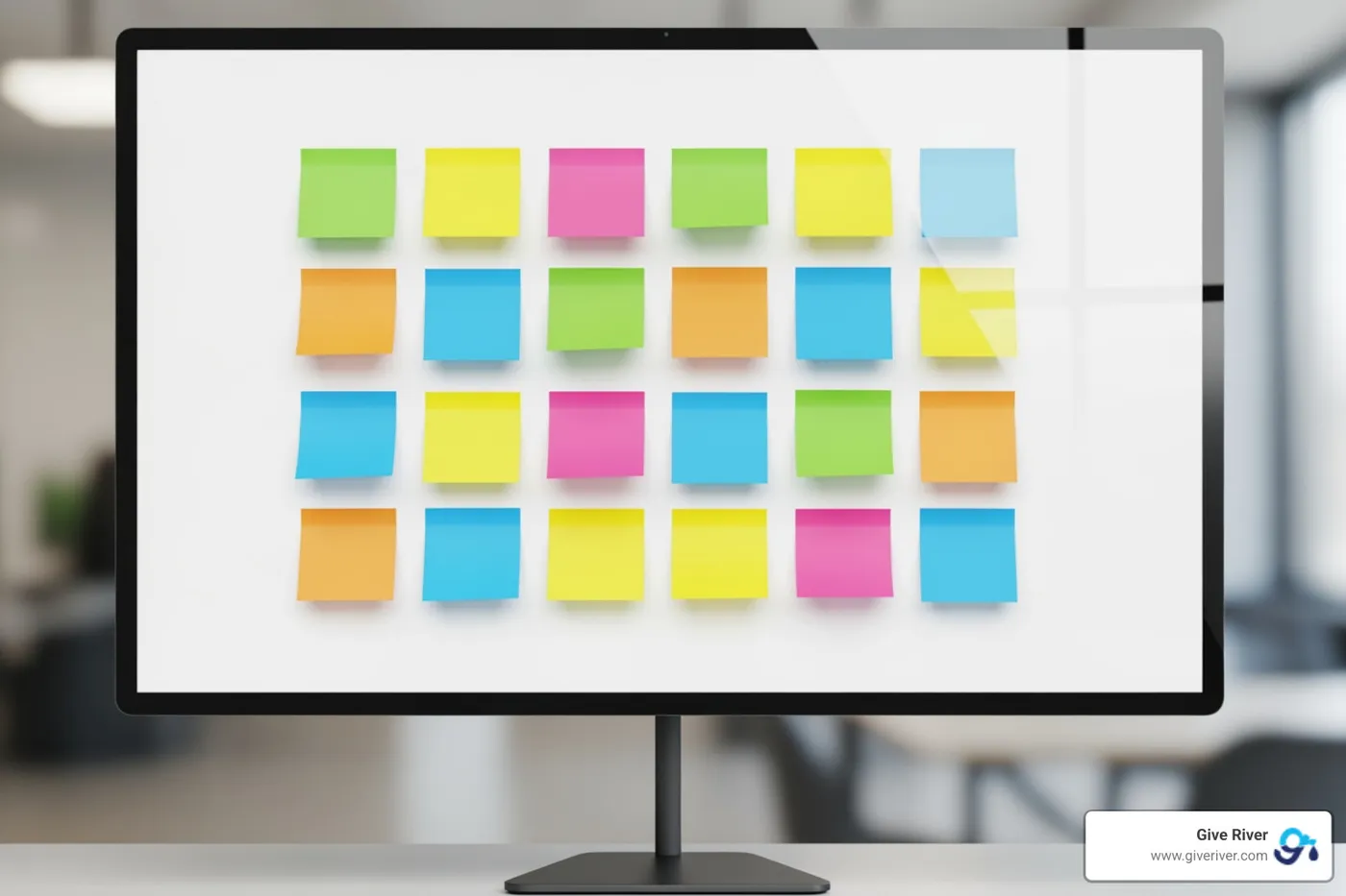 virtual whiteboard with colorful sticky notes - virtual ice breakers