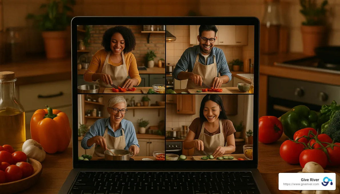team cooking together virtually - hybrid work team building