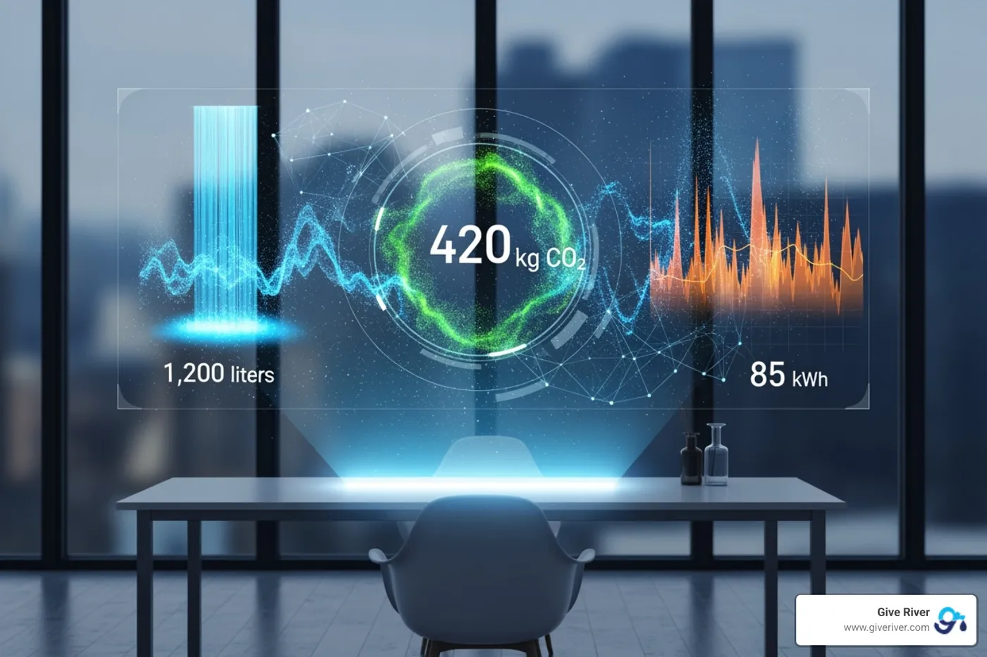 Image of a futuristic dashboard displaying real-time sustainability KPIs like carbon footprint, water usage, and community impact hours, emphasizing technology's role in monitoring and managing environmental and social performance - Sustainable business practices