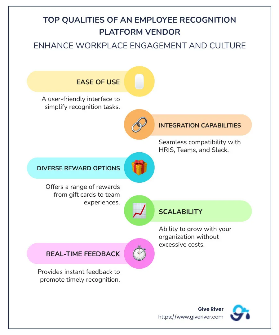 Infographic describing top qualities of an employee recognition platform vendor - employee recognition platform vendor infographic infographic-line-5-steps-colors
