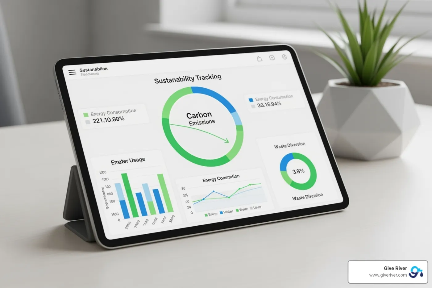 A sleek sustainability tracking dashboard displayed on a tablet, showing real-time data on carbon emissions, energy consumption, waste diversion, and water usage, with clear charts and graphs for easy interpretation. - csr environmental sustainability initiatives