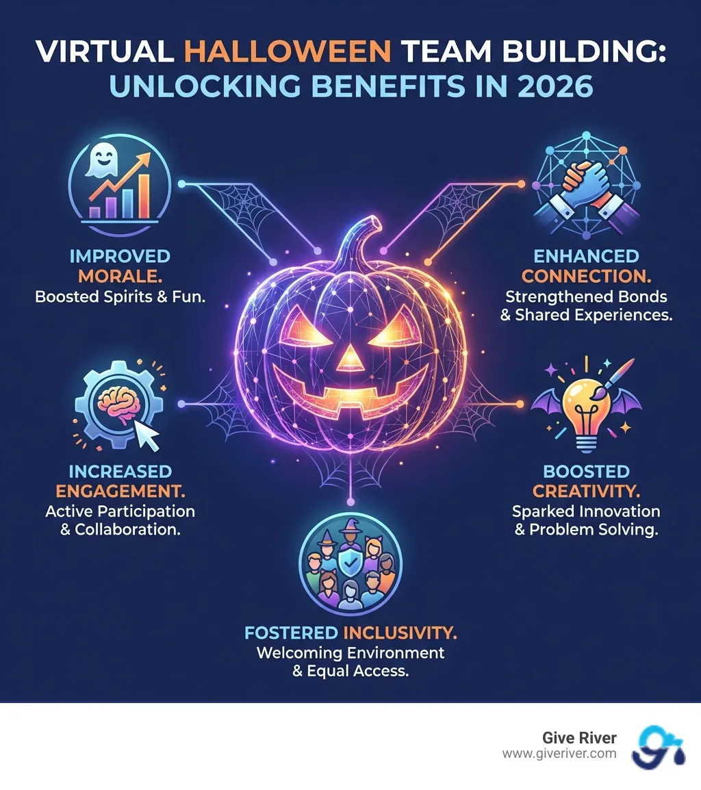 infographic showing benefits of virtual halloween team building including improved morale connection engagement creativity and inclusivity - halloween virtual team building activities infographic