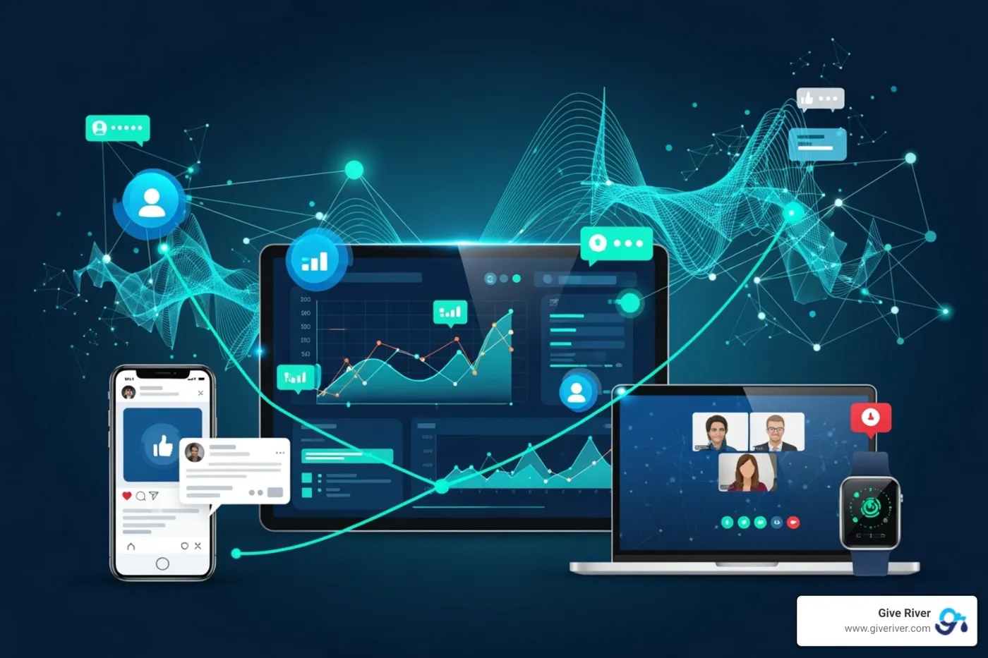 Team members participating in a virtual team building activity on a video call, showcasing digital tools for internal communication and culture building - digital engagement tools
