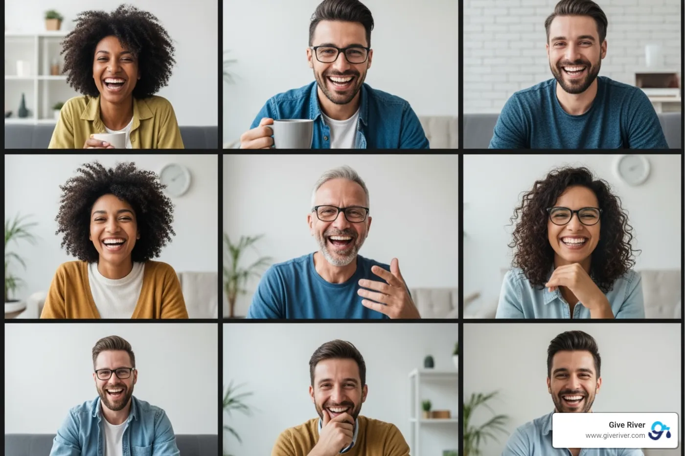 colleagues laughing during a virtual coffee chat - remote working team engagement ideas