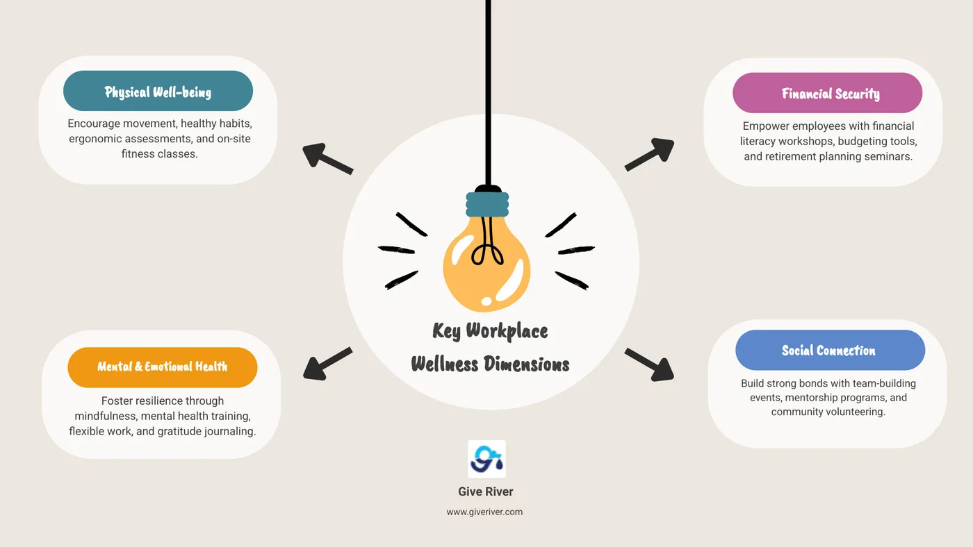 Infographic showing the 8 dimensions of workplace wellness: Physical, Mental, Emotional, Social, Financial, Environmental, Occupational, and Intellectual well-being - workplace wellness program ideas infographic brainstorm-4-items