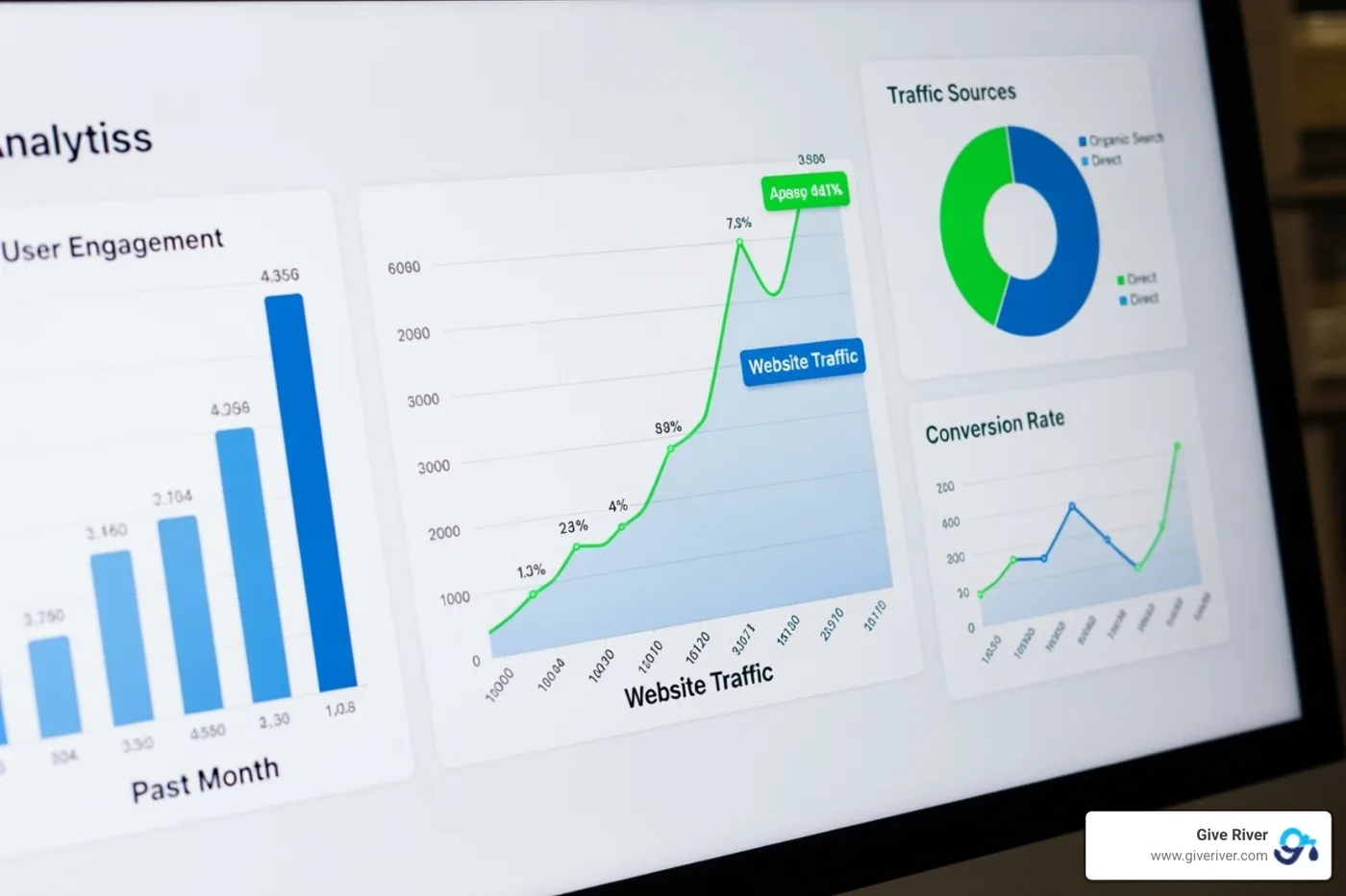 Analytics dashboard displaying various charts and graphs, indicating positive trends in engagement metrics such as customer satisfaction, employee participation, and reduced churn rates - digital engagement tools